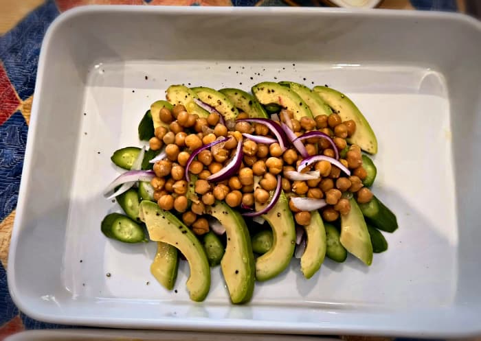 Avocado, cucumber, chickpea and red onion salad